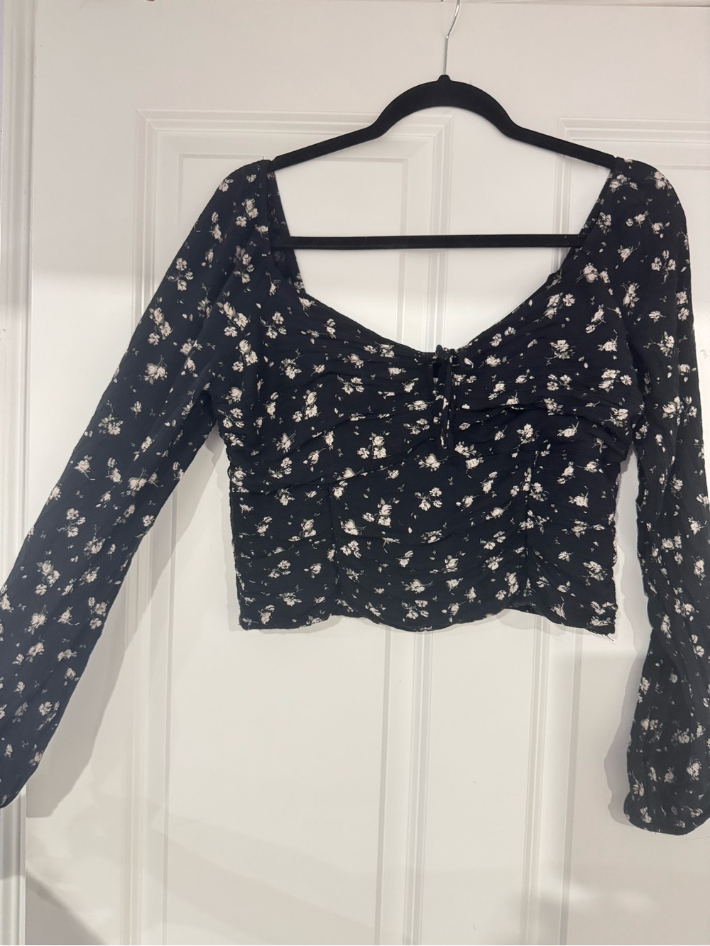 Black Floral Long-Sleeve Bustier Style Top